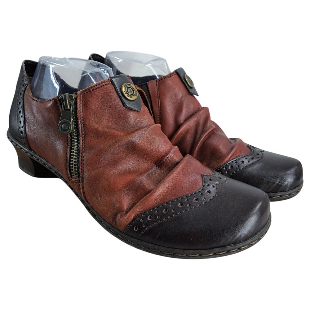 Rieker Side Zip Brown Heel Leather Comfort Shoes Bootie Size 41 US 9.5 Wingtip